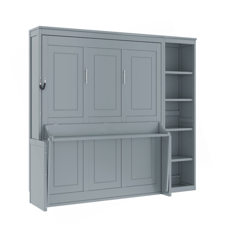 Lit escamotable double avec bureau et bibliothèque, Gris, Lit double