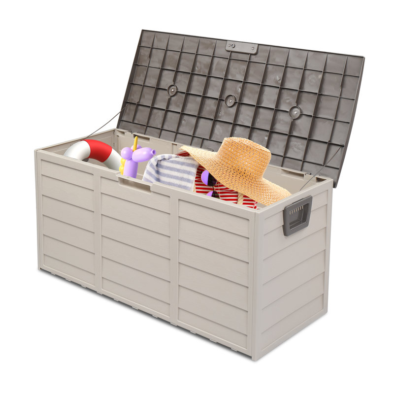 75 Gallon Beige and Brown Lockable Plastic Deck Box with Wheels