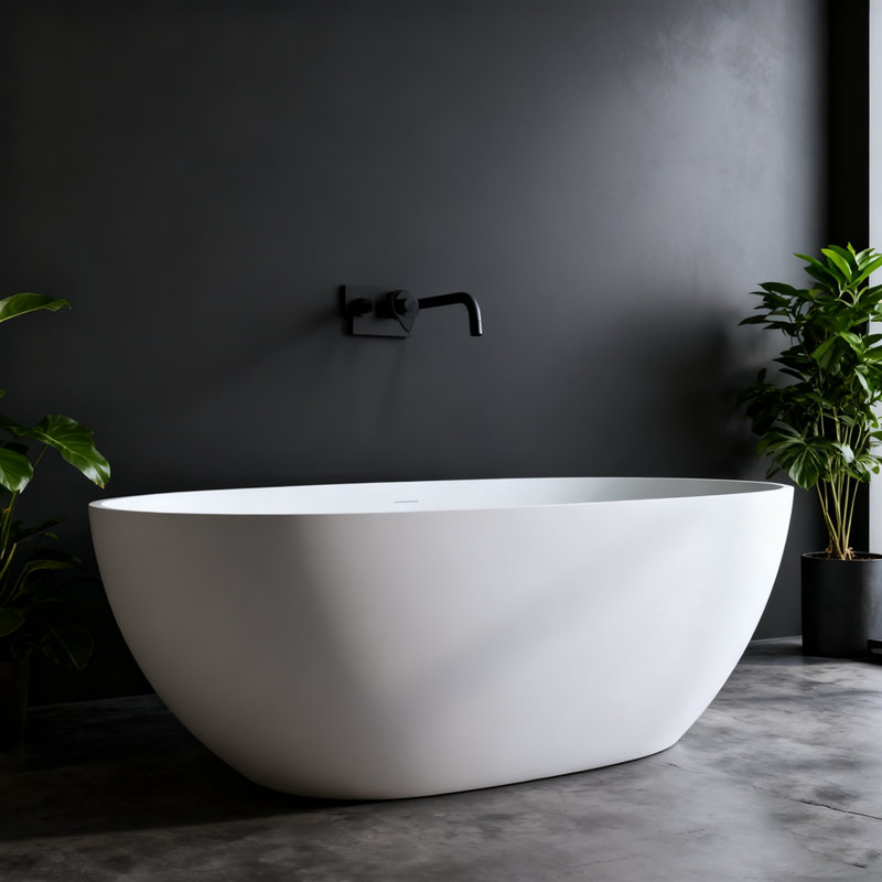 Baignoire de trempage autoportante à surface solide avec bords épais, trop-plein et bonde escamotable en blanc mat