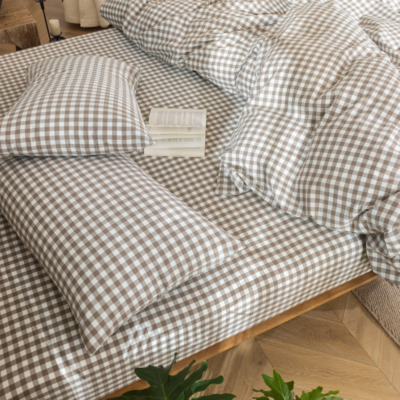 Ensemble de housse de couette 100% coton lavé MooMee Gingham, Brun, Housse de couette pour lit simple + 1 taie d'oreil