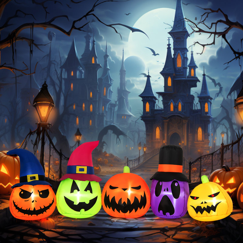 9 Ft Inflatable Multicolor Pumpkin Patch Family with LED Lights and Witch Hats