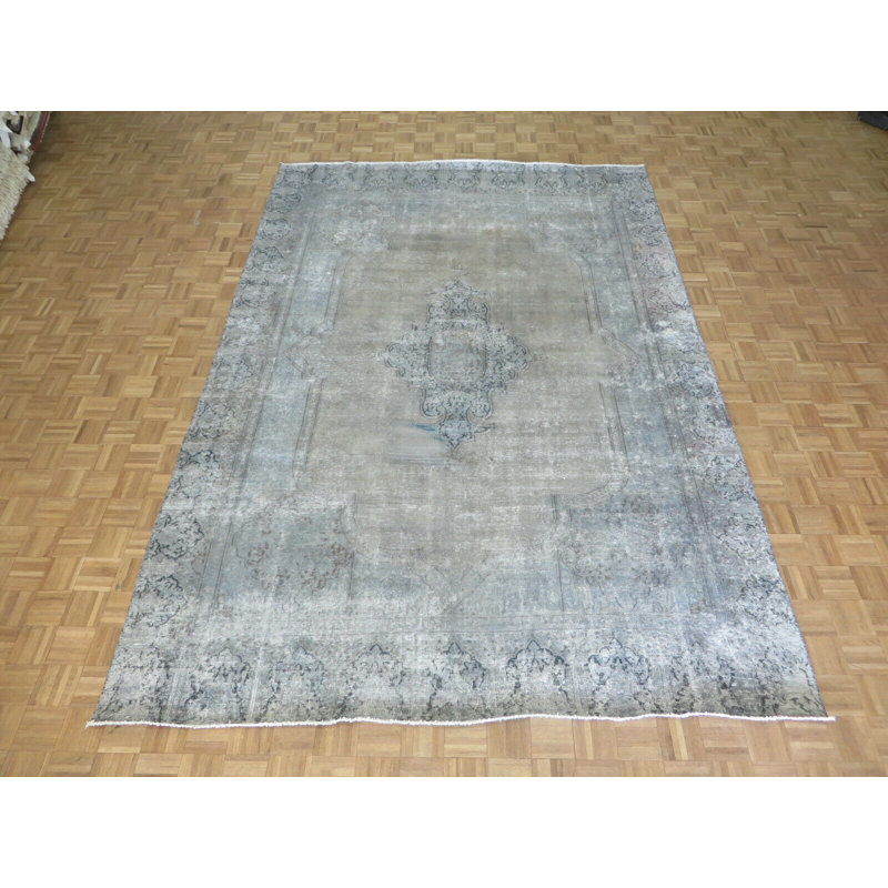 Tapis gris en laine noué à la main de conception unique 8 pi 8 po x 12 pi 6 po Thomason
