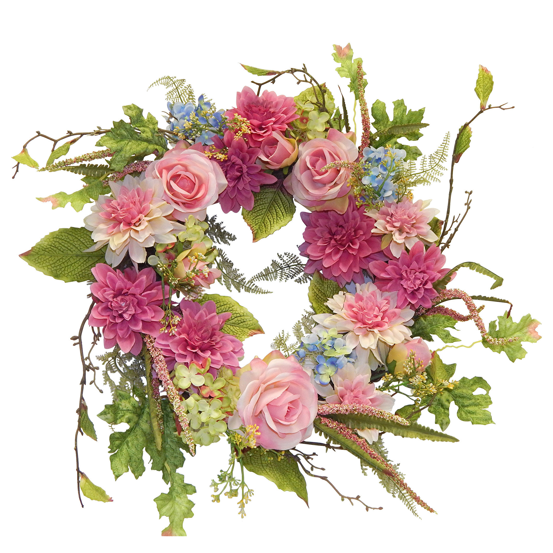 Winston Porter 24" Pink Dahlia Rose Hydrangea Wreath & Reviews | Wayfair