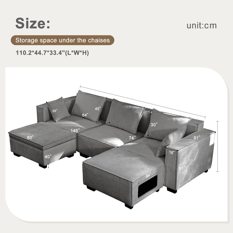 108.7" Modular Sectional Cloud Sofa Set, Extra Large U Shaped Couch with Storage & Cathole Ottoman, Gray