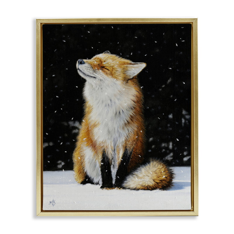 «Blissful Fox with Snowflakes», art mural encadré par Mark Kelso, H 31 po x l 25 po, Cadre flottant gris lustré