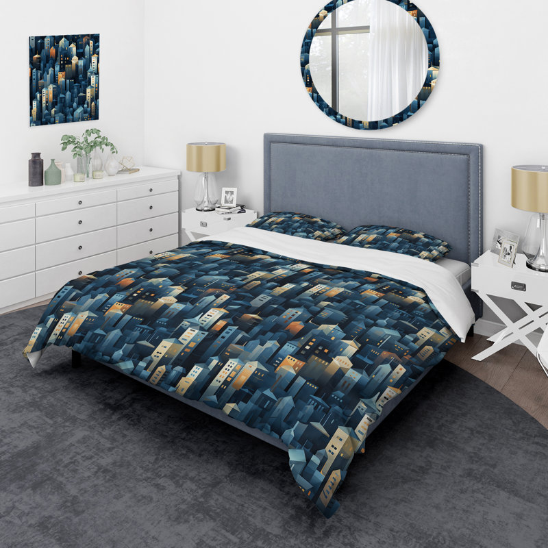 Beige And Blue Cityscape Pattern Abstract Duvet Cover, King Duvet Cover + 2 King Shams