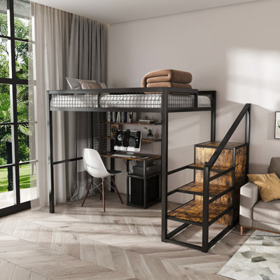 Lit mezzanine double avec bureau et garde-robe - Structure en métal lourd, escalier intégré, support de rangement et tablettes - Lit de jeu pour adultes / adolescents (noir) - Bureau d'ordinateur avec prise USB et prise de courant (noir)
