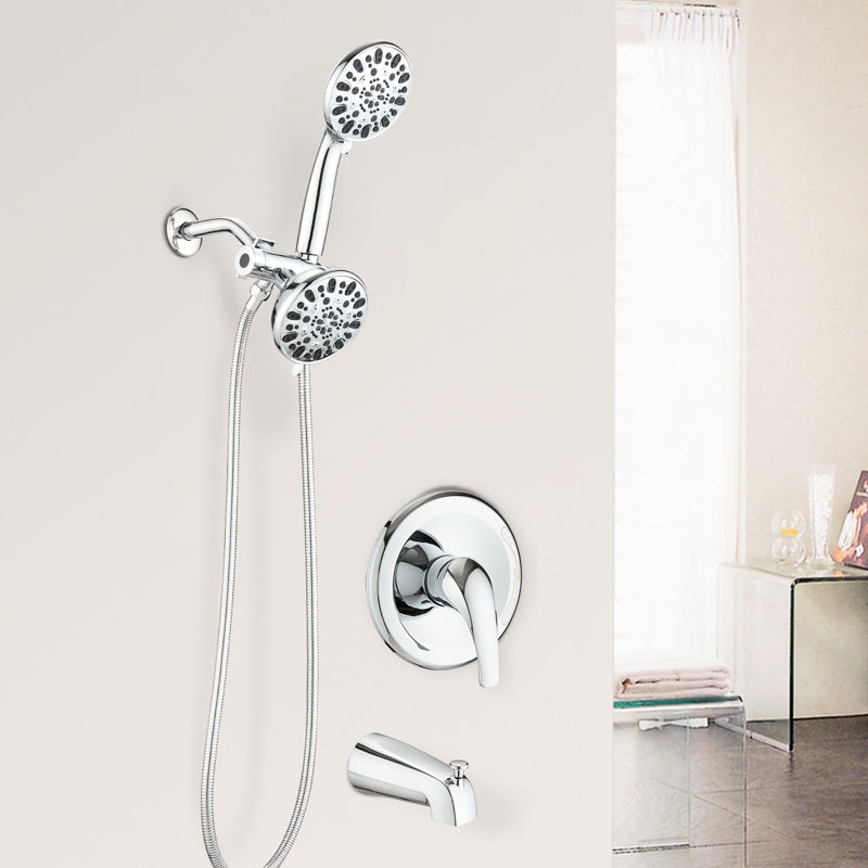 Système de douche haute avec bec de baignoire - robinet à double valve 2 en 1. 7 modèles de jet pour une expérience de rajeunissement. . Toute la structure métallique. 1,8 gallon par minute. Boyau de 59 po. Système de robinet à raccord 1/2 po.