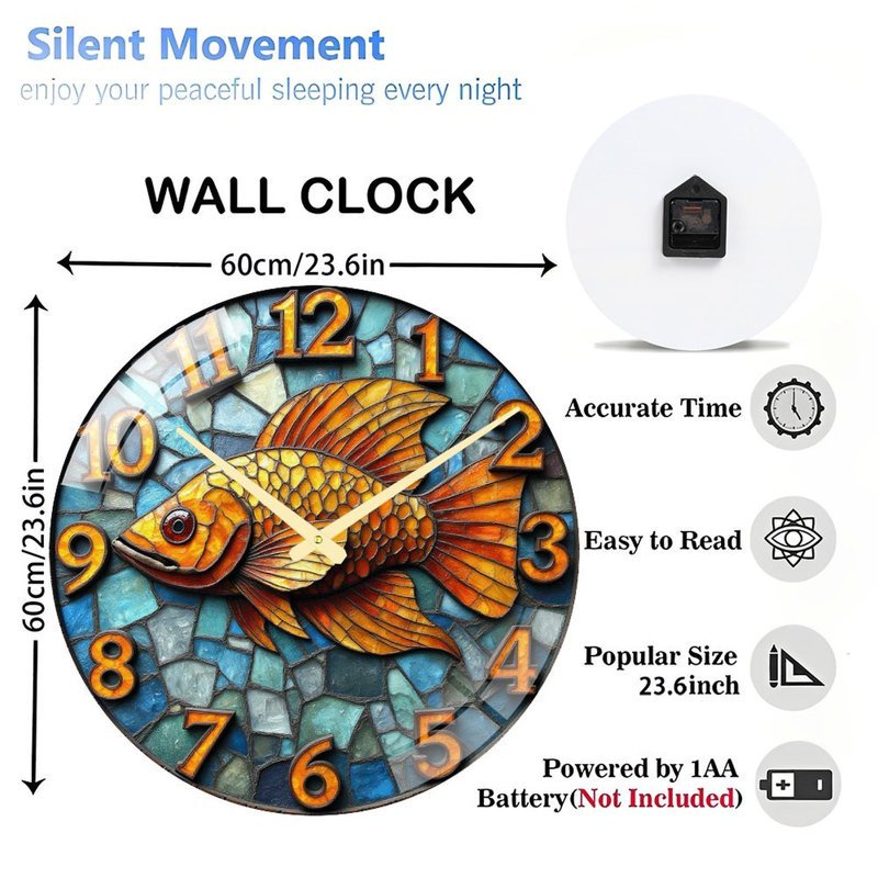 Horloge murale élégante vitrail poisson