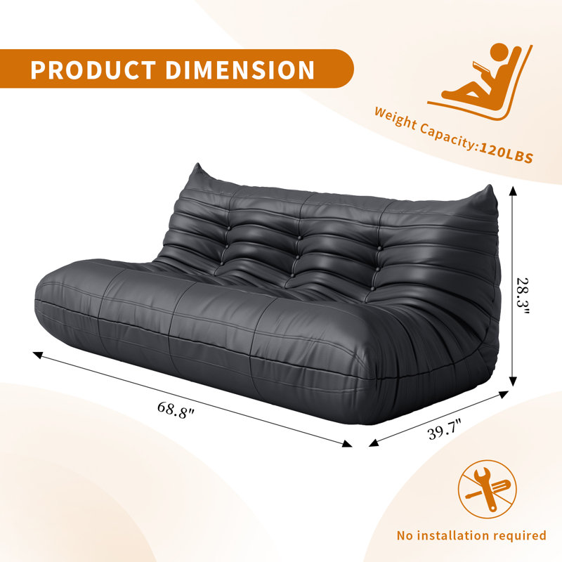 Compression Armless 3-Seat Lazy Sofa Bean Bag Sofa Floor Chair For Living Room Bedroom, Faux Leather, Black, Black