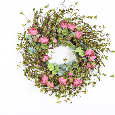 24" Artificial Farmhouse Spring Summer Rose Floral Wreath For Front Door Greenery Twig Home Wedding Party Wall Decor