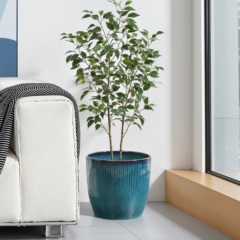 11.8'' Dia Large Round Plant Pots with Vertical Line Texture, Modern Blue Ceramic Planter, 11.02" H x 11.81" Diameter