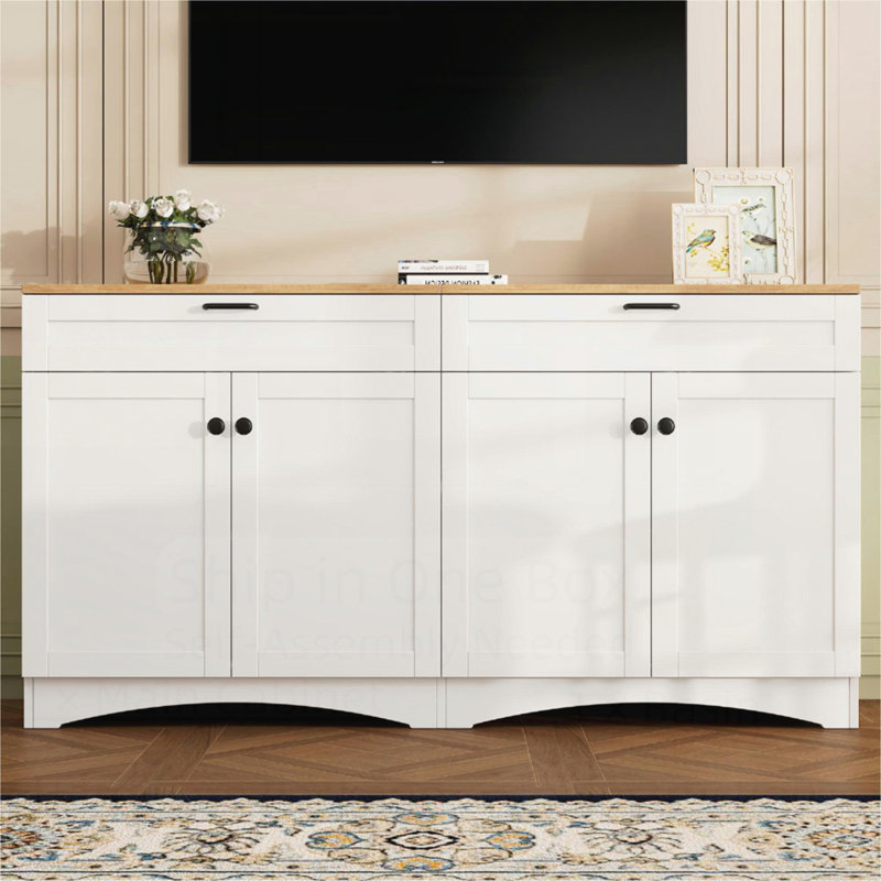 TV Stand with 2 Drawers for TVs with Adjustable Shelves with Rustic Handles for Living Room, White
