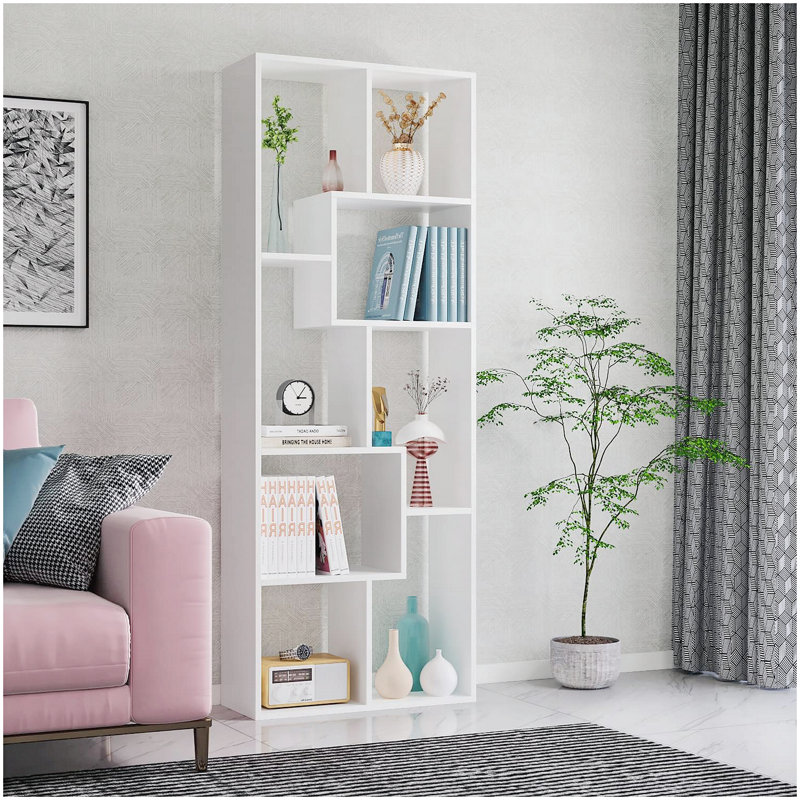Asymmetrical Display Shelf & Bookcase, 5-Tier, White, White