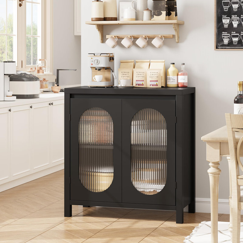 Buffet avec portes en verre cannelé et armoire de rangement réglable avec pieds en bois robustes pour le vestibule du salon