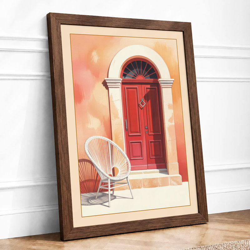 Red Door, Wicker Chair Minimalist - Framed Print, A2 - 59.4 x 42.0 cm, Walnut