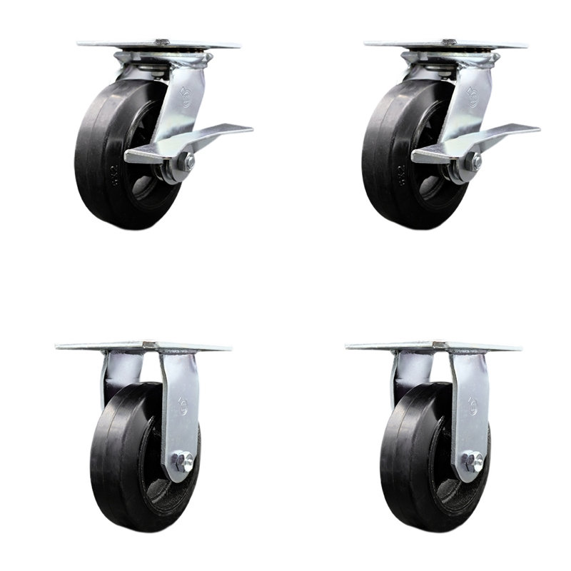 6 Inch Rubber on Steel Caster Set with Ball Bearing 2 Brakes and 2 Rigid SCC