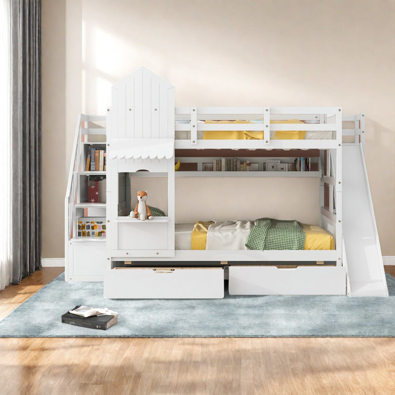 Lit superposé de style château avec rangement, structure en bois massif, design blanc amusant