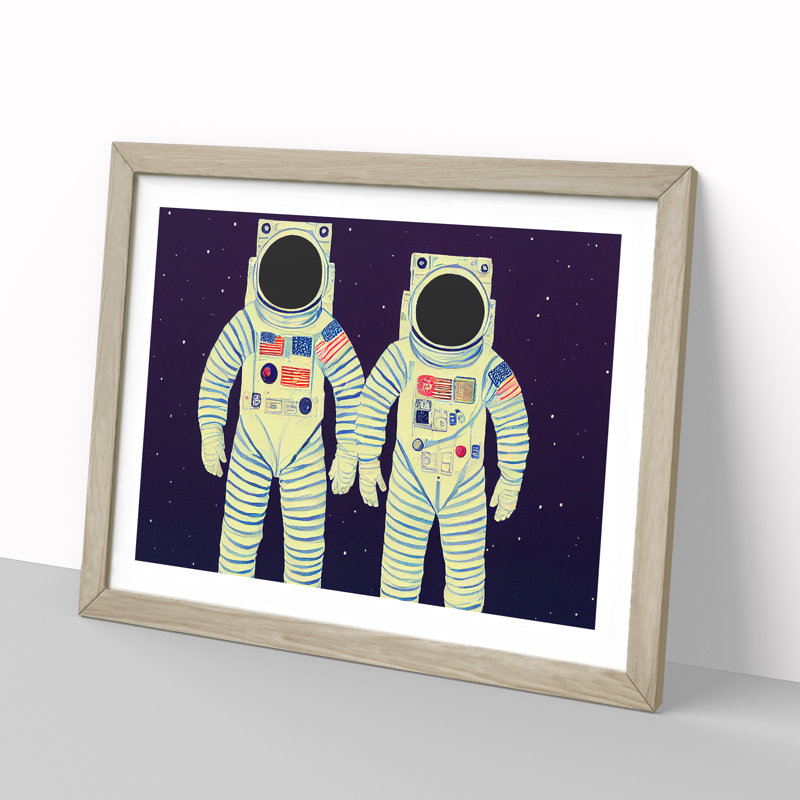 Two Retro Astronauts Vol.2 - Single Picture Frame Print, 46cm H x 64cm W x 2cm D, Oak Framed
