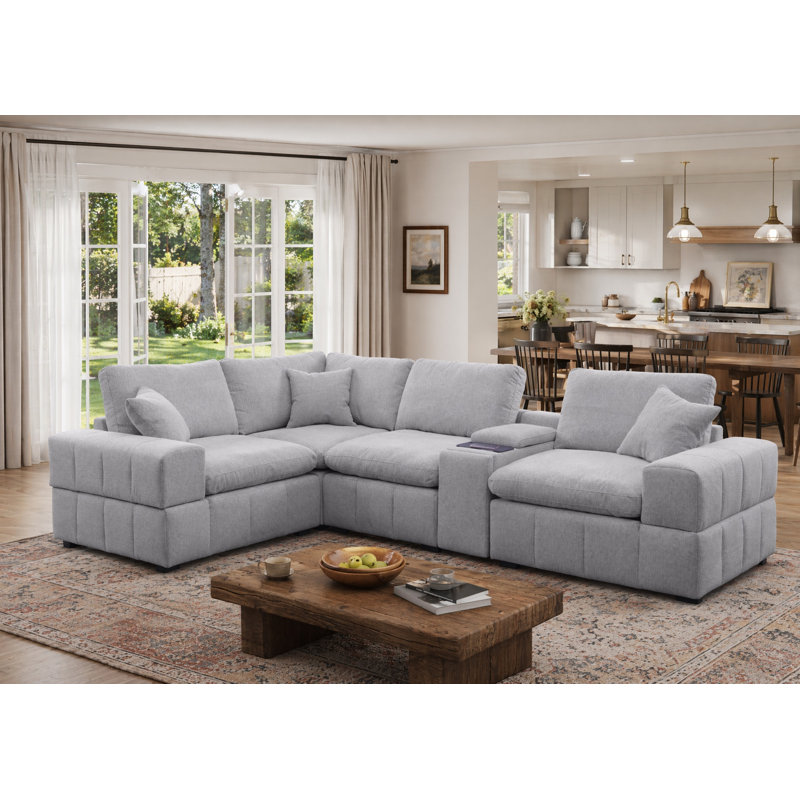 Canapé modulaire rembourré en chenille de l 122,62 po avec chargement sans fil, porte-gobelets et rangement (5 pièces)