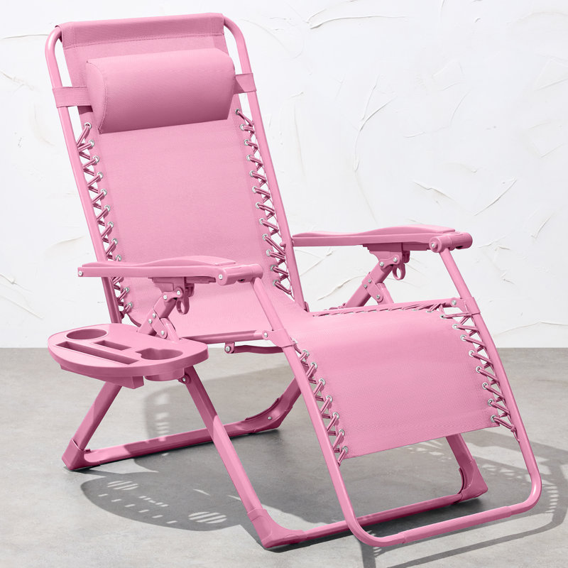 Monochromatic Zero Gravity Chair, Folding Patio Recliner W/Side Tray, Headrest, Carnation