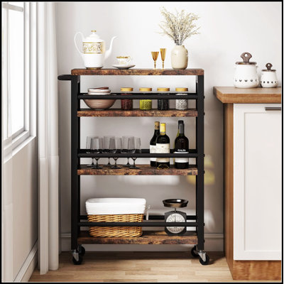 Chariot utilitaire à roulettes étroit de 50 cm (20 pouces) à 4 niveaux, avec roulettes, chariot de rangement de cuisine étroit pour petits espaces, organisateur en bois et métal