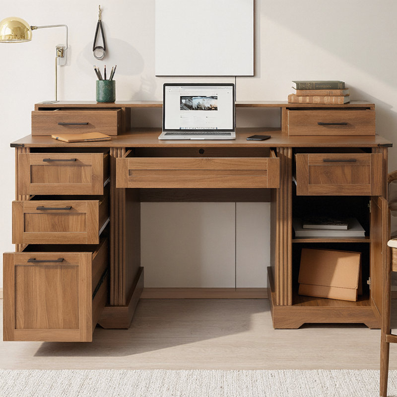 59" Farmhouse Office Desk with Barn Door & Charging Station, Home Office Desk with Monitor Stand, File Drawer, Keyboard Tray & Storage Cabinet for Study, Living Room