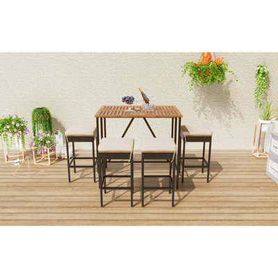 5-Piece Outdoor Acacia Wood Bar Height Table And Four Stools With Cushions, Garden PE Rattan Wicker Dining Table, High-Dining Bistro Set, All-Weather Patio Furniture