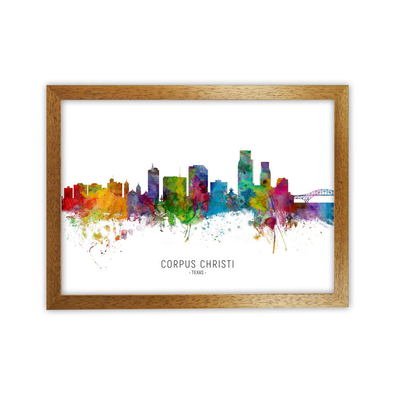 Corpus Christi Texas Skyline by Michael Tompsett - Print, Brown Framed, 64cm H x 88cm W x 3cm D