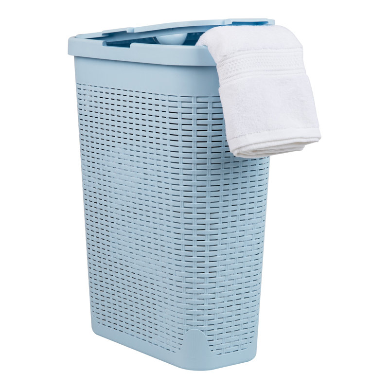 Ivory Plastic Wicker Collapsible Laundry Hamper with Wheels and Lid