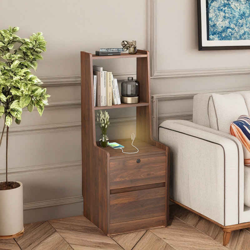 Modern Night Stand with Bookshelf, Wood