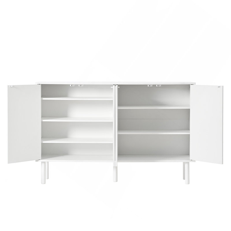 Sideboard 13.7" On-Trend Minimalist Shoe Cabinet With 5 Solid Wood Legs, Cream Style Buffet With Fluted Doors, Large 4 Doors Storage With Adjustable Shelves For Living Room, White, 55.1*