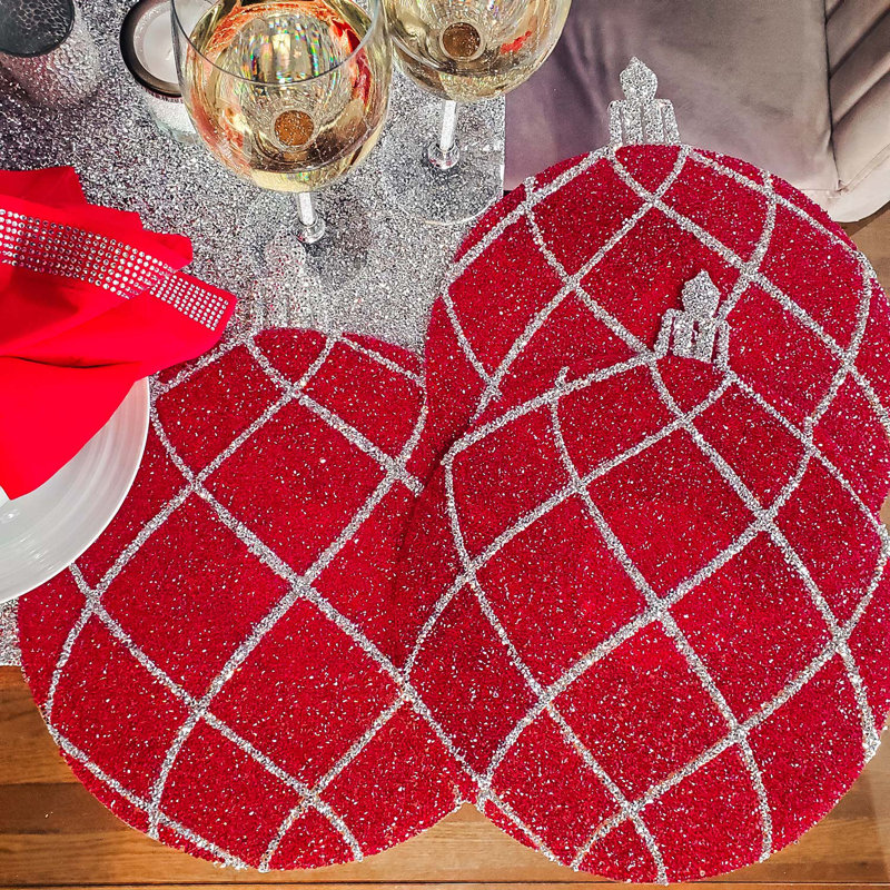 Sparkles Home Luminous Ornament Placemat | Round Rhinestone Holiday Placemat | 14.75x12.5 | Non Slip
