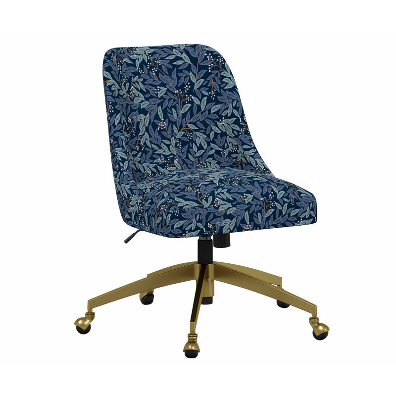 Chaise de bureau Brynn, Lin bleu marine RPC Willowberry, Doré