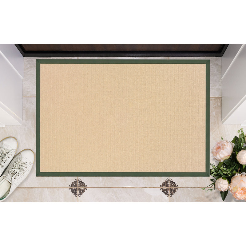 Nannette Handmade Light Beige Berber with Green Cotton Border Made in the USA Area Rug, Rectangle 1'10" x 2'10"