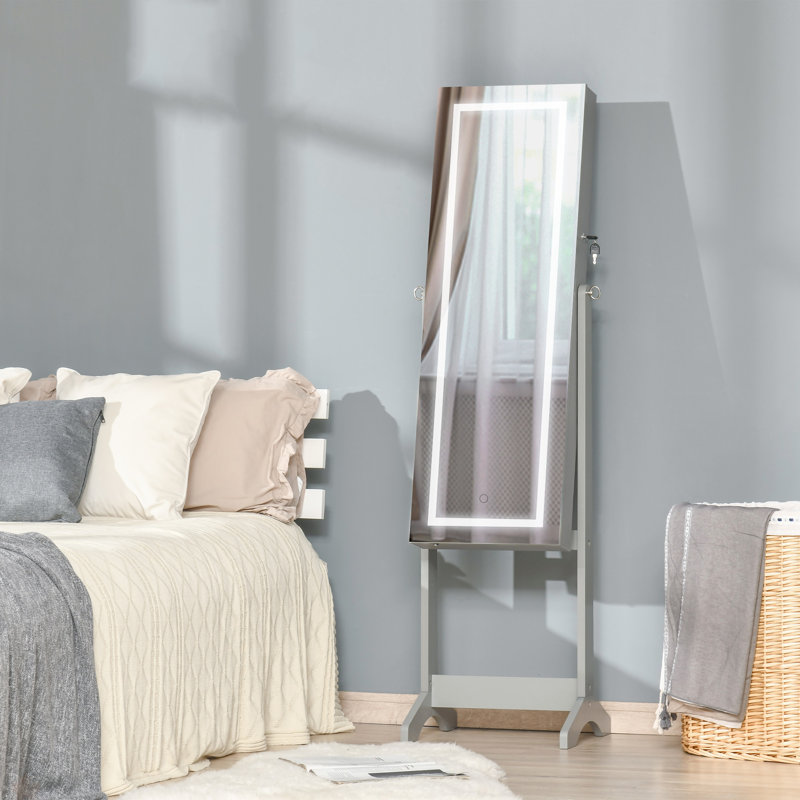 Armoire à bijoux sur pied avec éclairage à DEL, organisateur de bijoux verrouillable avec miroir pleine grandeur et 4 angles réglables, gris