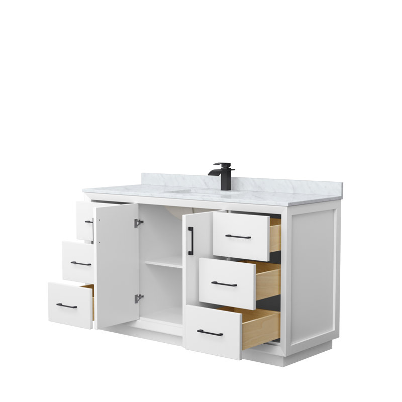 60'' Single Bathroom Vanity with Genuine Marble Top, Black, White
