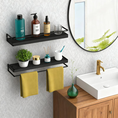 Ensemble de 2 tablettes flottantes flottantes en bois rustique pour salle de bain, cuisine, salon, chambre à coucher, design industriel en bois brûlé avec barre de protection