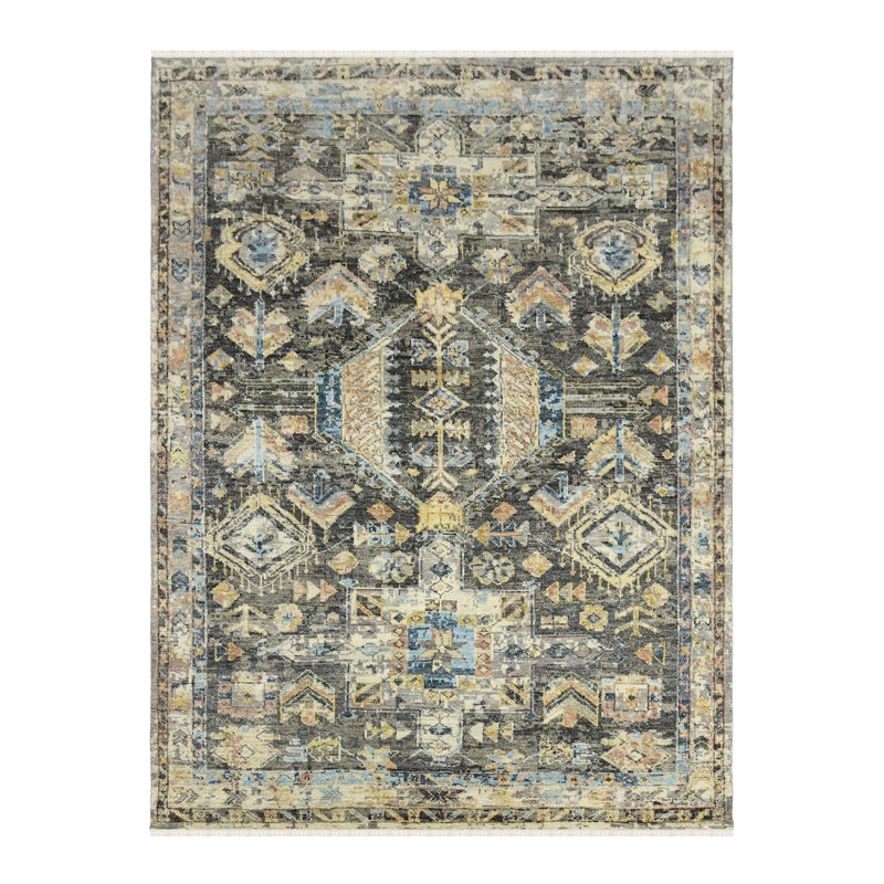 Tapis gris en laine noué à la main Southwestern, Rectangle 9 pi x 12 pi
