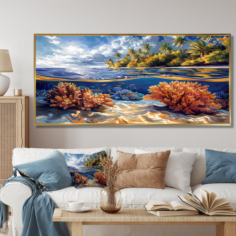 Impression d'art mural brun et bleu grande barrière de corail III - corail, Cadre flottant brun, H 28 po x l 60 po