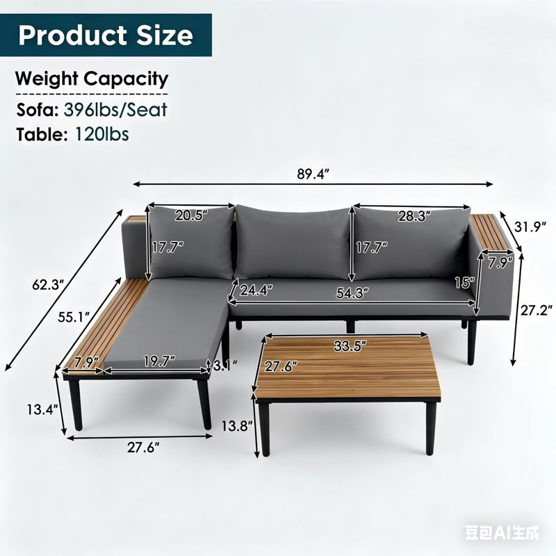 Ensemble de conversation de qualité supérieure avec coussins amovibles et table basse, Gris