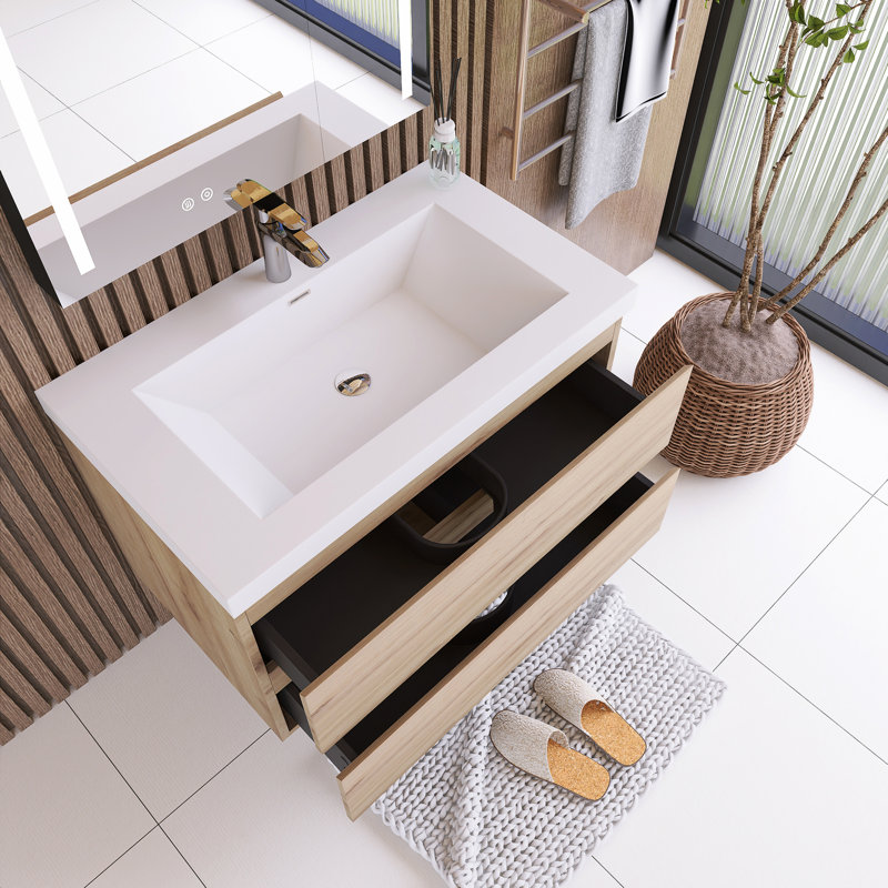 Meuble-lavabo simple 36 po avec plateau en résine Monja, Chêne