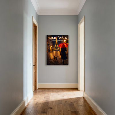 «Night Walk Paris After Dark», reproduction d'art sur toile tendue sur toile tendue avec tour Eiffel et scène de parapluie rouge pour le salon, la chambre et la décoration intérieure