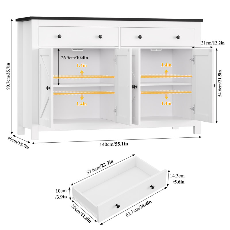 Buffet moderne 55,1 po Zosia, armoires de rangement crédence, tablettes réglables, Noir / blanc