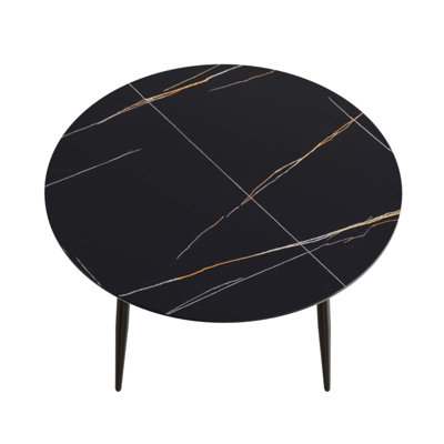 Table de salle à manger moderne en pierre artificielle avec pieds en métal durables, parfaite pour les cuisines et les salles à manger contemporaines.