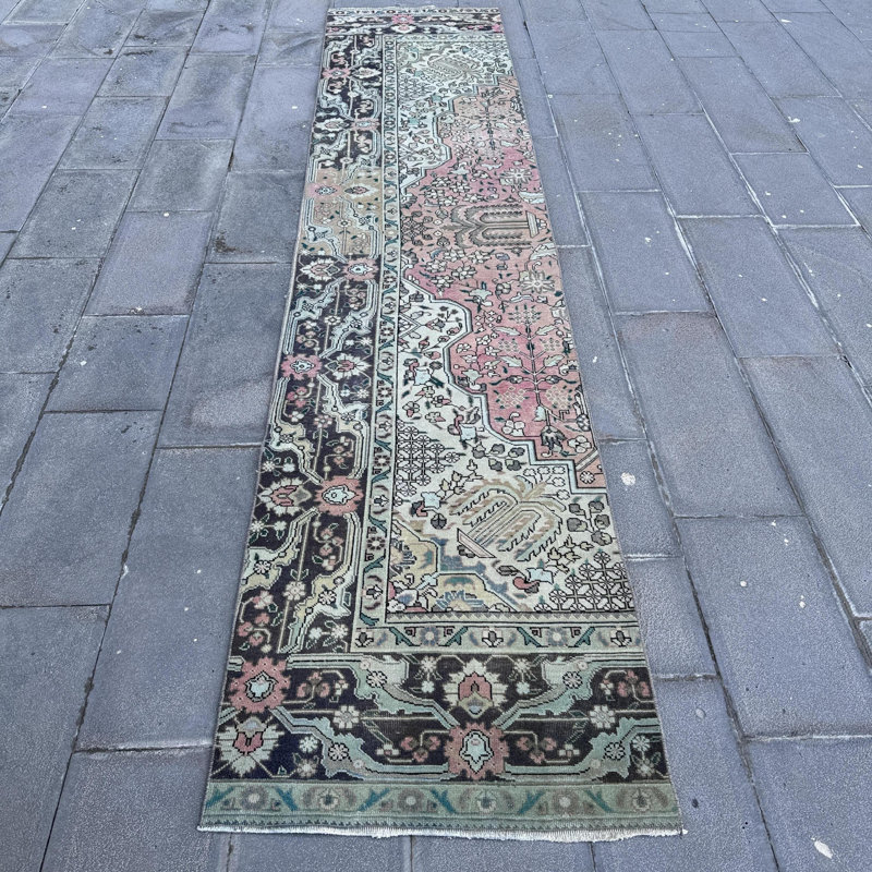 Vintage Turkish-Kurdish Tribal Runner Rug in Neutral Green Ideal for Corridors and Hallways