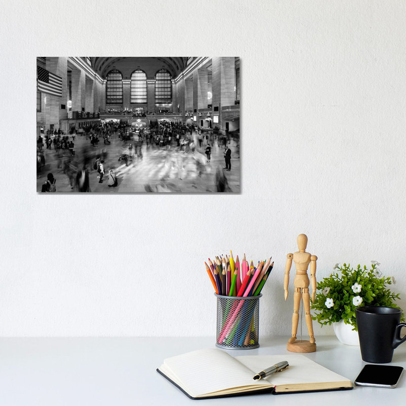 New York, New York, USA - Passengers Walking In Great Hall Of Grand Central Station In Black And White - Wrapped Canvas Print
