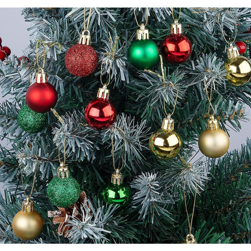 54 boules de Noël - mini-boules d'arbre incassable de 1,18 po avec cordes, boules multicolores rouges, vertes et dorées pour décorations de Noël