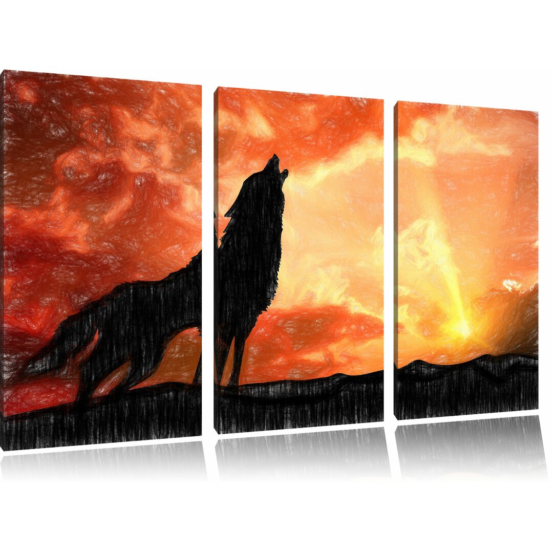 3-tlg. Leinwandbilder-Set „Einsamer Wolf auf den Sonnenuntergang Heulend“, Grafikdruck