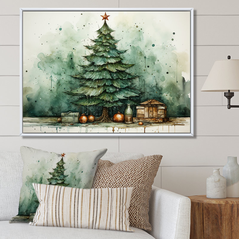 Minimalisme, arbre de Noël forêt III - pin, art mural, Cadre flottant brun, H 24 po x l 32 po x P 1 po